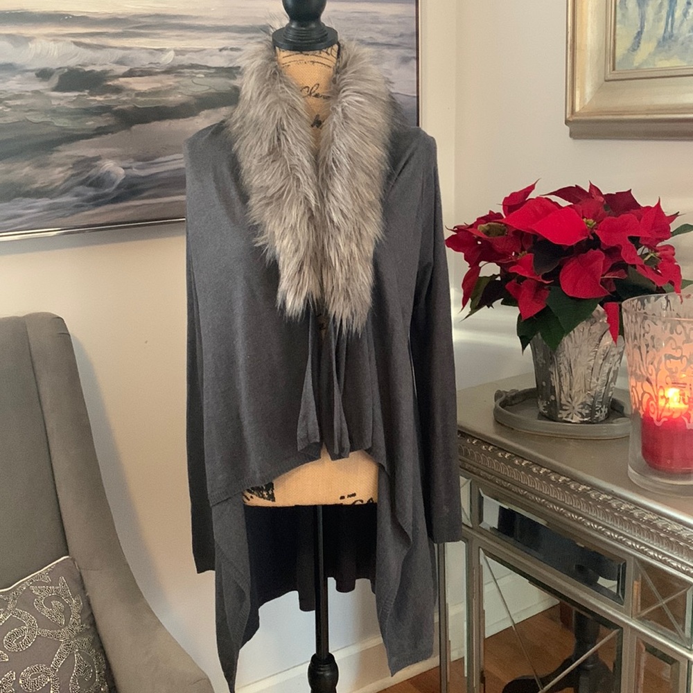 BOSTON PROPER Gray faux Fur Cardigan sweater XS $139 Holiday Romantic draped